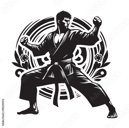 Silhouette of Three Martial Artists in Fighting Stance and Uniform
