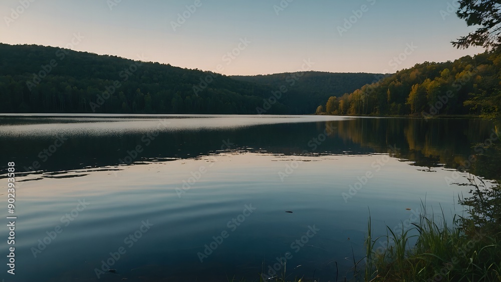 A picturesque lake view with reflections of a vibrant winter twilight A picturesque lake view with reflections of a vibrant winter twilight