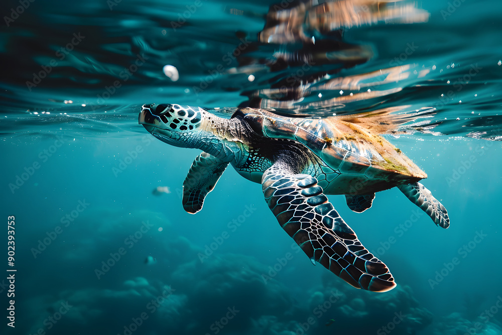 Fototapeta premium A giant sea turtle swimming under the ocean