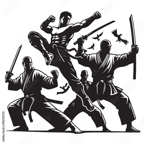 Silhouette of Three Martial Artists in Fighting Stance and Uniform
