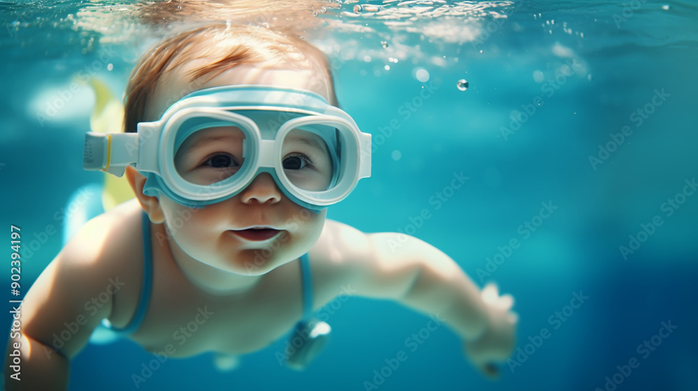 Fototapeta premium Underwater Young kid Fun in the Swimming Pool with Goggles. Summer Vacation Fun.