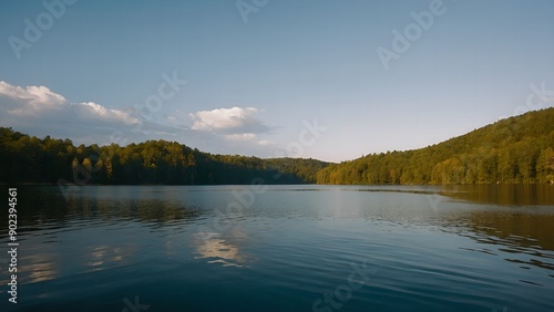 A breathtaking photograph of the lake with the warm hues of a summer evening