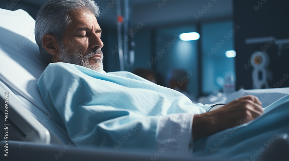In the Hospital Sick Male Patient Sleeps on the Bed. Heart Rate Monitor Equipment In the Hospital Sick Male Patient Sleeps on the Bed. Heart Rate Monitor Equipment