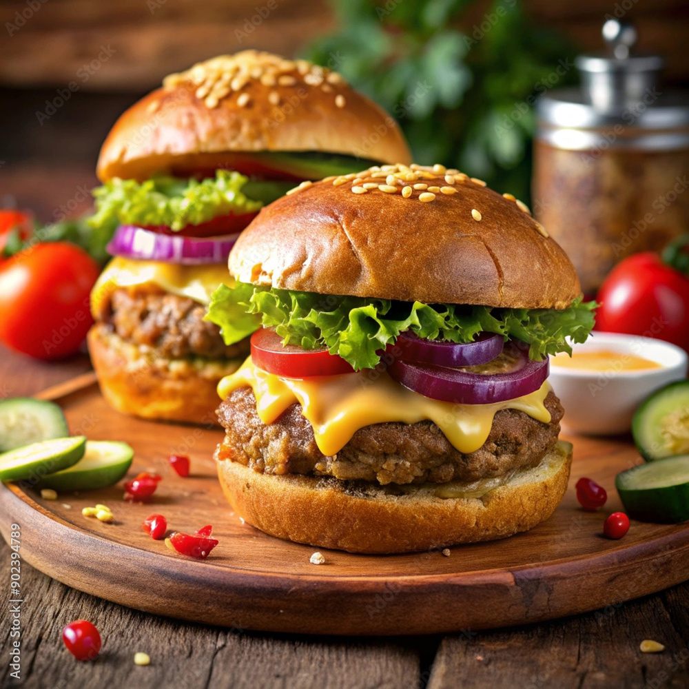 A Cheeseburger with beef, lettuce, tomato, cheese, cucumber with beautiful background A Cheeseburger with beef, lettuce, tomato, cheese, cucumber with beautiful background