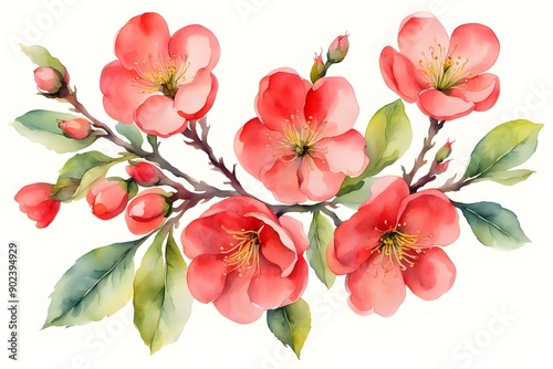 Watercolor flowering quince flowers on pure white background, AI Generated