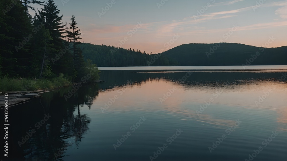 Fototapeta premium A picturesque lake view with reflections of a serene winter morning