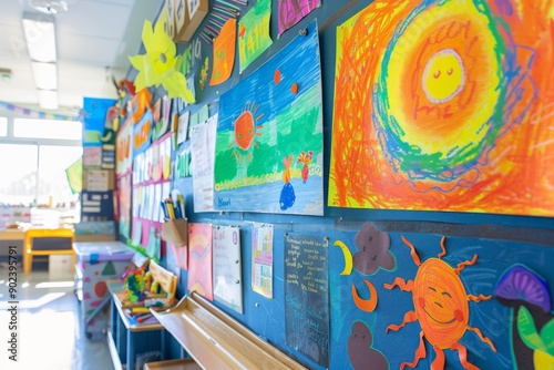 Colorful Children's Art Display in a Classroom