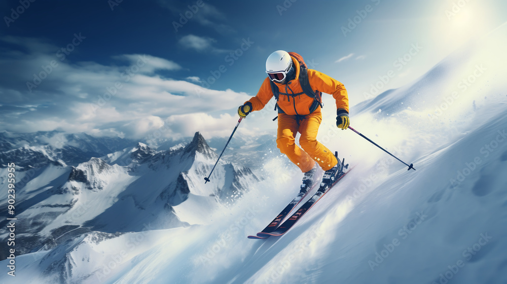 A professional skier makes a jump-drop from a high cliff against a blue sky leaving a trail of snow powder in the mountains A professional skier makes a jump-drop from a high cliff against a blue sky leaving a trail of snow powder in the mountains