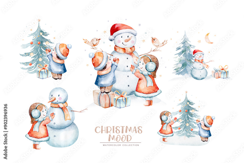 Fototapeta premium Watercolor set.Christmas snowmen. Cute illustration with fabulous funny characters, stars, sweets and gifts. Hand-drawn characters isolated on a white background for wrappers, cards