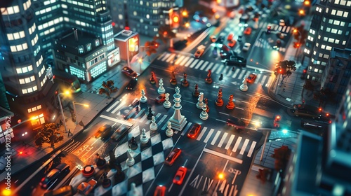 Chess pieces and high-rise buildings