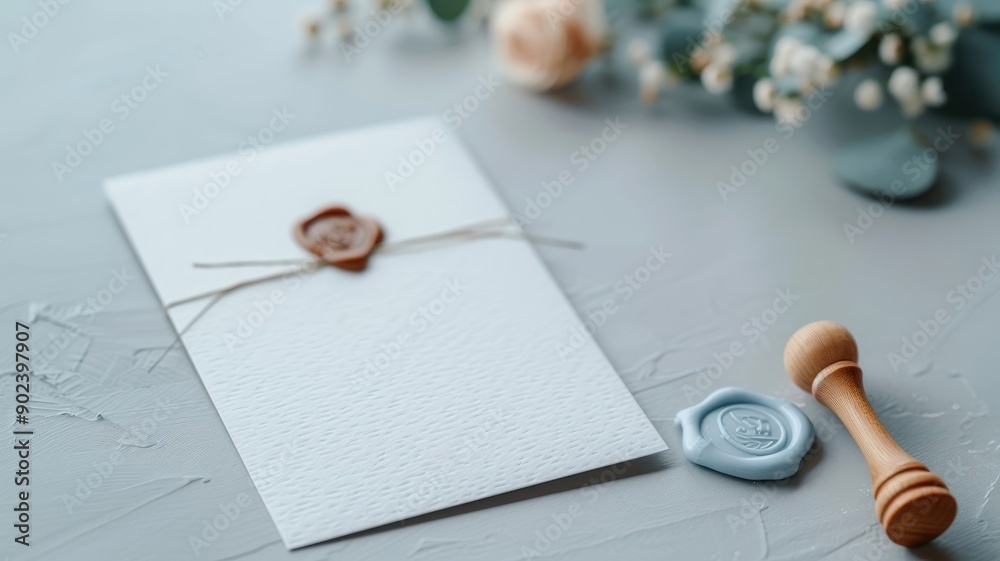 A close-up of a blank white invitation card with a vintage postage stamp and wax seal. A close-up of a blank white invitation card with a vintage postage stamp and wax seal.