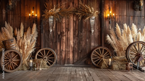 backdrop western house barn with straw and wooden wheels, vintage decor, vintage laterns, pampas grass photo
