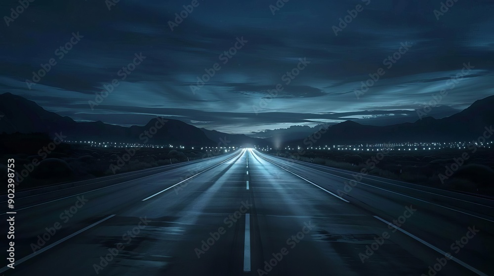 Obraz premium A serene, empty highway at night, leading into distant mountains beneath a dramatic, cloudy sky, illuminated by soft, blue lighting.