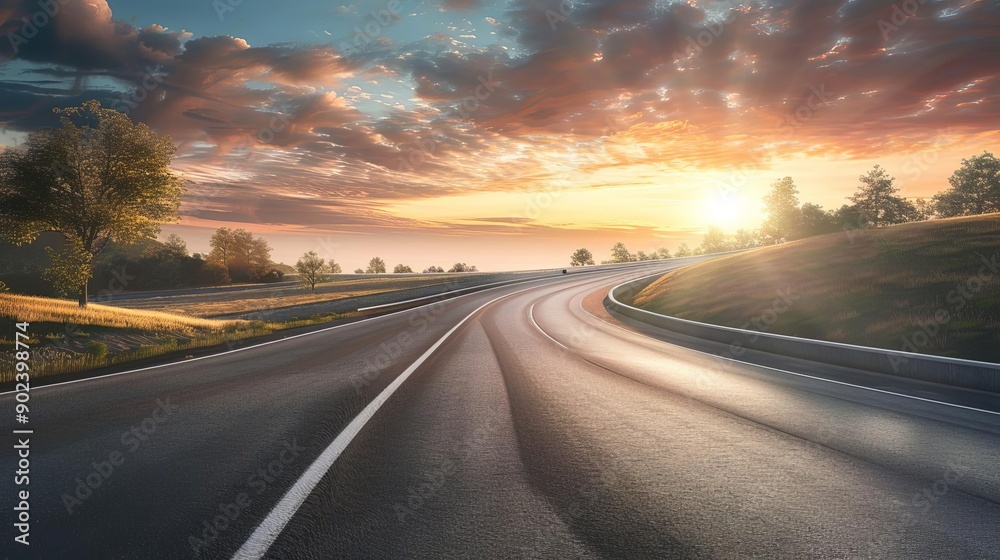 Naklejka premium Scenic sunset view of an empty winding road surrounded by green trees and landscape under a dramatic sky, perfect for travel and journey themes.