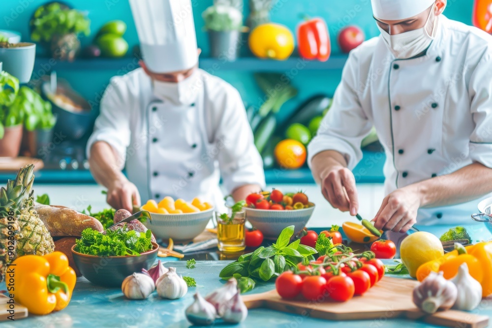 Two Chefs Preparing Fresh Vegetables in a Kitchen Two Chefs Preparing Fresh Vegetables in a Kitchen