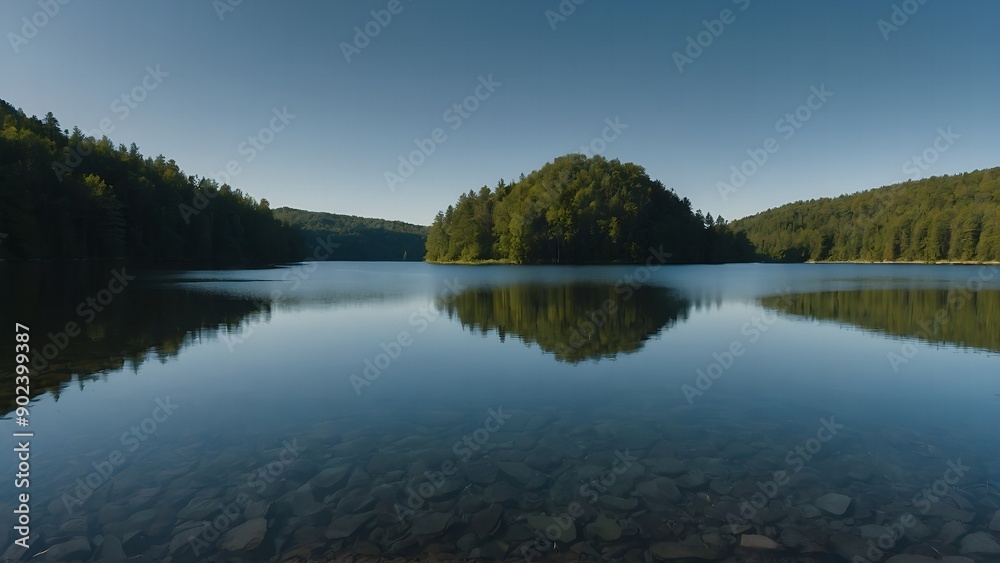 The lake’s calm surface highlighted by the warm tones of a fall sunrise The lake’s calm surface highlighted by the warm tones of a fall sunrise