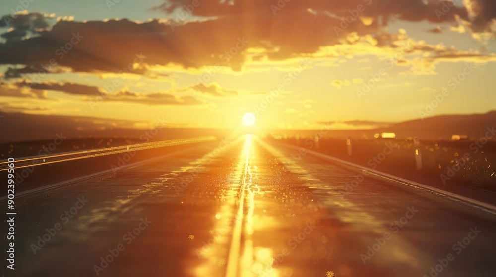 A stunning sunset illuminates an empty highway, creating a beautiful golden glow in the sky and reflecting onto the wet road surface. A stunning sunset illuminates an empty highway, creating a beautiful golden glow in the sky and reflecting onto the wet road surface.