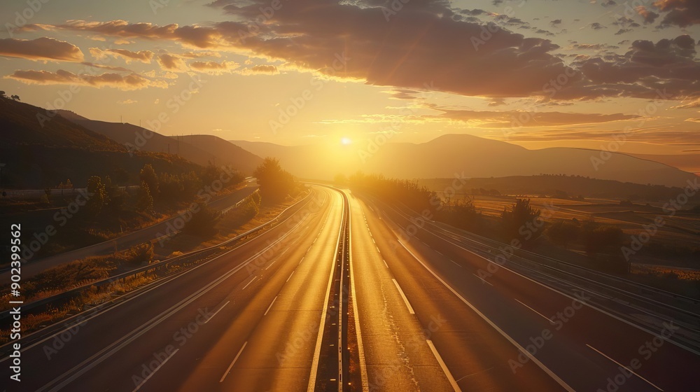 Fototapeta premium A scenic highway stretching into the horizon, illuminated by a golden sunset over a tranquil landscape with mountains and clouds.