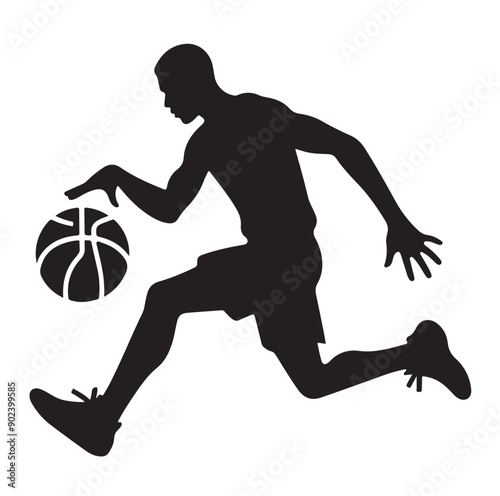 Silhouette of Basketball Player in Action Jumping with Ball
