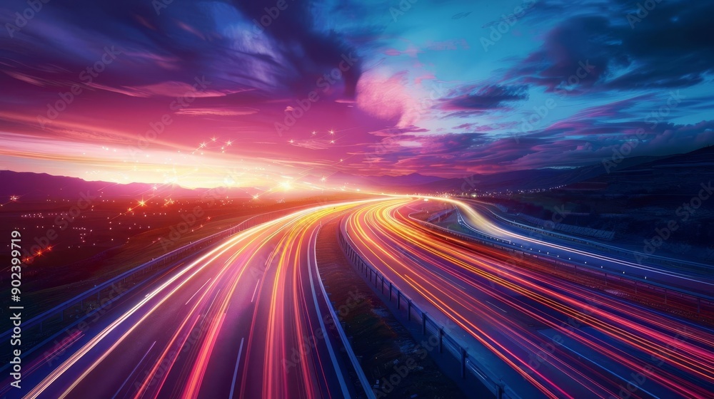 Long exposure of colorful light trails on a highway during a beautiful sunset sky, signifying speed and modern transportation. Long exposure of colorful light trails on a highway during a beautiful sunset sky, signifying speed and modern transportation.