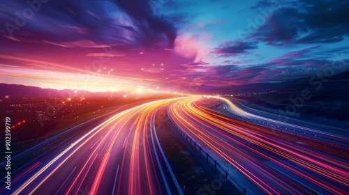 Long exposure of colorful light trails on a highway during a beautiful sunset sky, signifying speed and modern transportation.