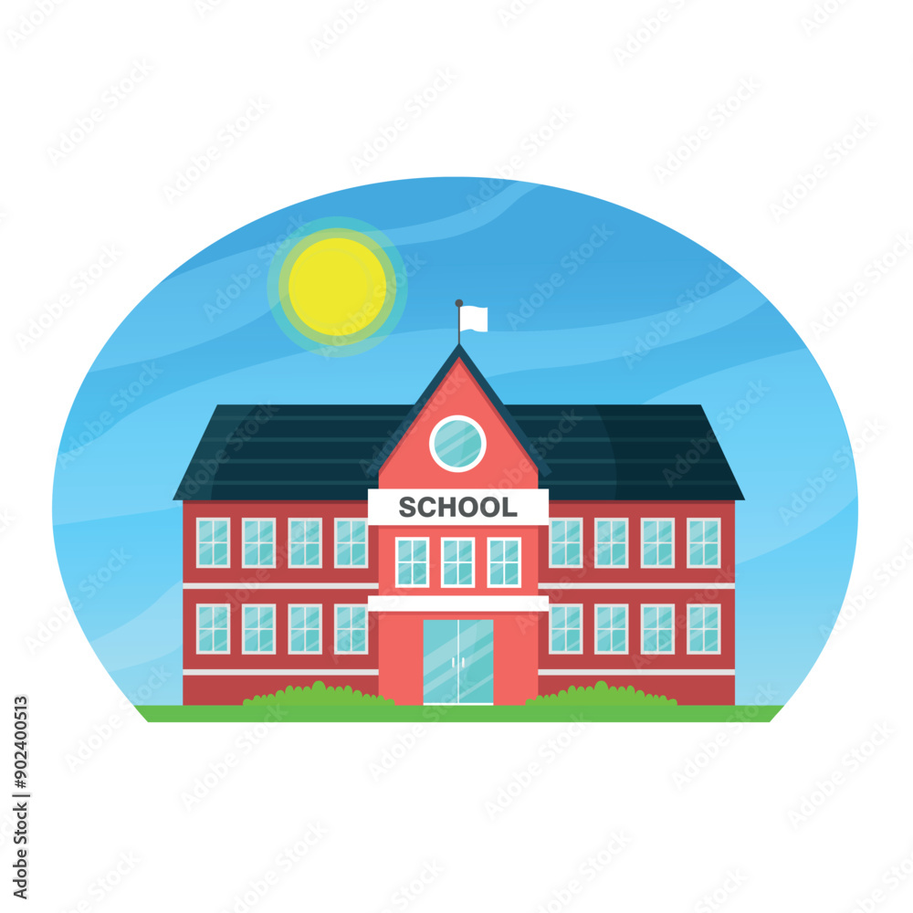 Fototapeta premium School building icon on blue background. Sunny day. Vector illustration.