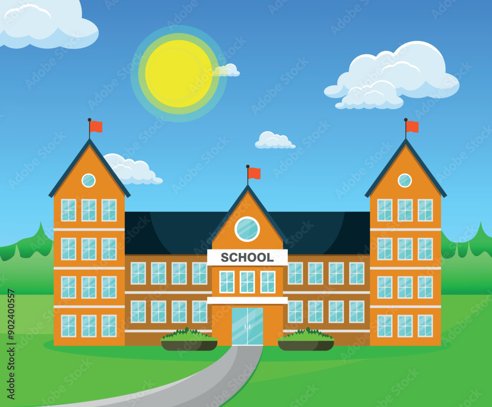Naklejka premium School building on the background of the summer landscape. Vector illustration.