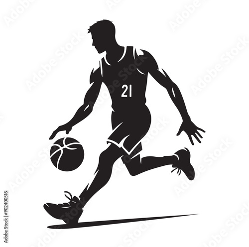 Silhouette of Basketball Player in Action Jumping with Ball

