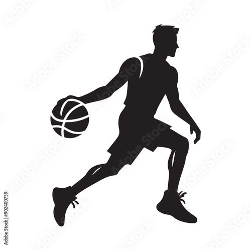 Silhouette of Basketball Player in Action Jumping with Ball
