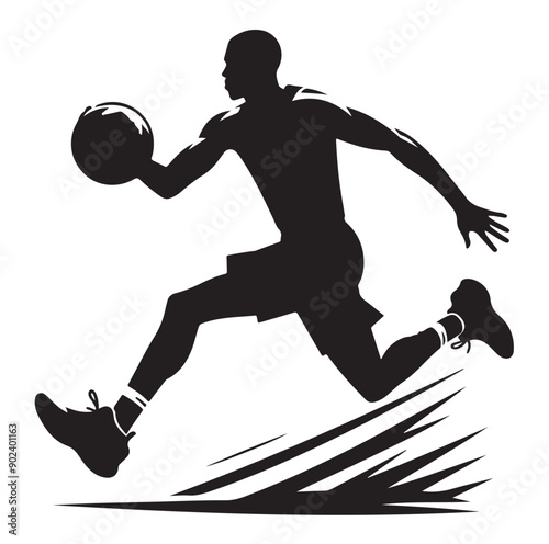Silhouette of Basketball Player in Action Jumping with Ball
