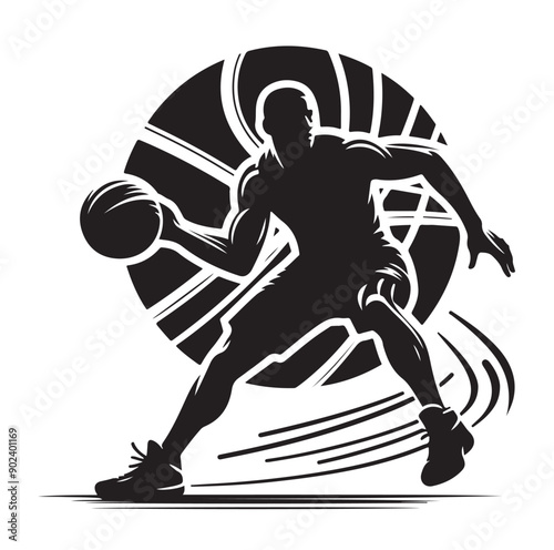 Silhouette of Basketball Player in Action Jumping with Ball
