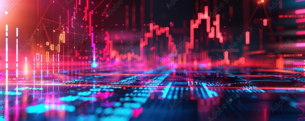 Obraz premium Vibrant digital landscape showcasing dynamic data trends and futuristic technology. Ideal for tech and finance themes.