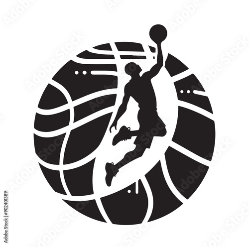 Silhouette of Basketball Player in Action Jumping with Ball
