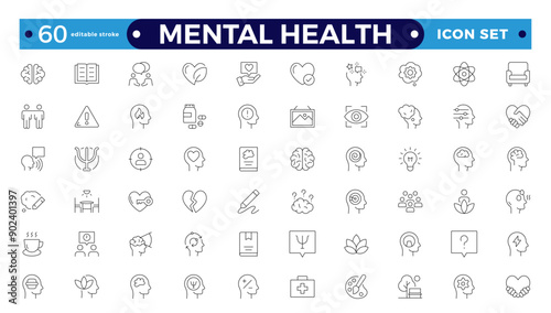 Mental health icon set. Containing depression, bipolar, PTSD, panic, and mind disorder icons. Psychology outline symbol vector illustration. Editable stroke outline icon.
