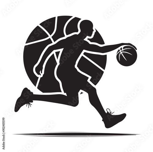 Silhouette of Basketball Player in Action Jumping with Ball
