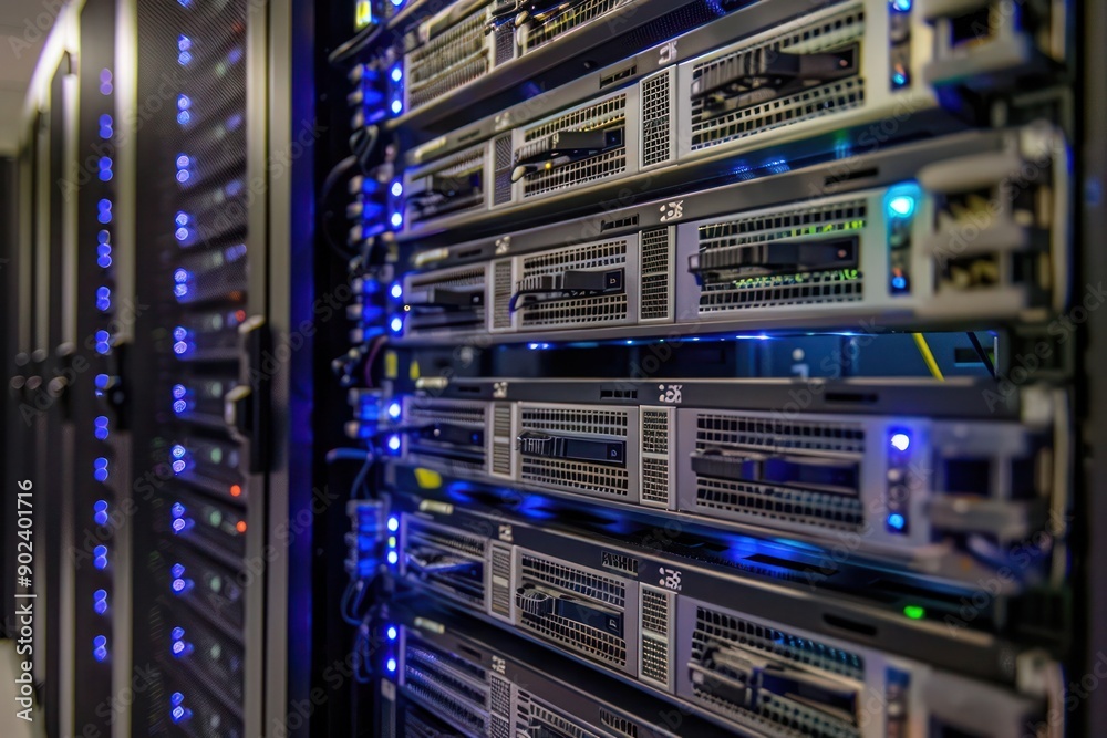 Server room showcasing high-tech server racks and telecommunication hardware in perfect alignment. Server room showcasing high-tech server racks and telecommunication hardware in perfect alignment.
