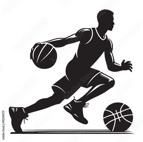Silhouette of Basketball Player in Action Jumping with Ball
