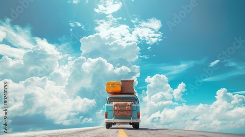 A vintage van drives down a road with luggage on the roof, under a bright blue sky with fluffy white clouds. photo