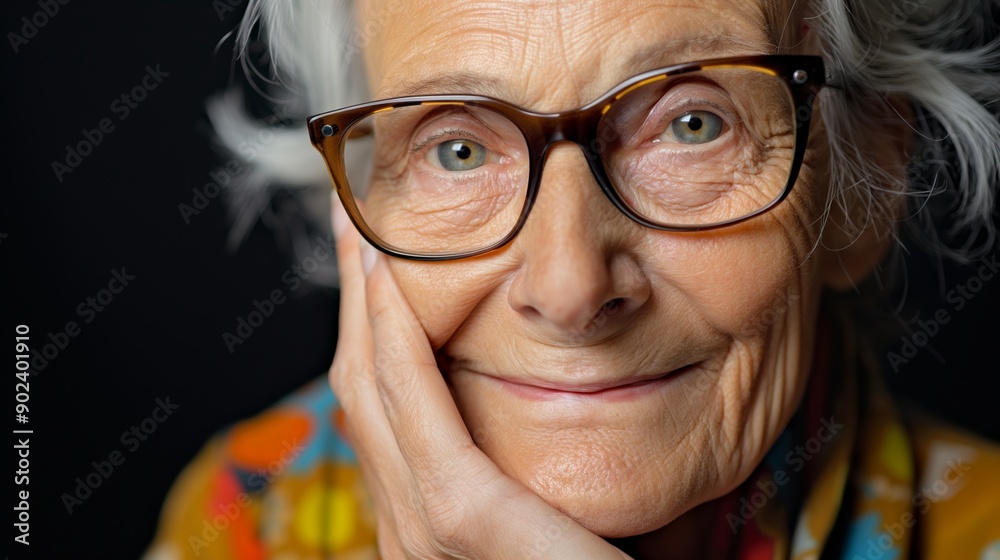 A woman with glasses is smiling and looking at the camera. She is wearing a colorful scarf and a floral shirt
