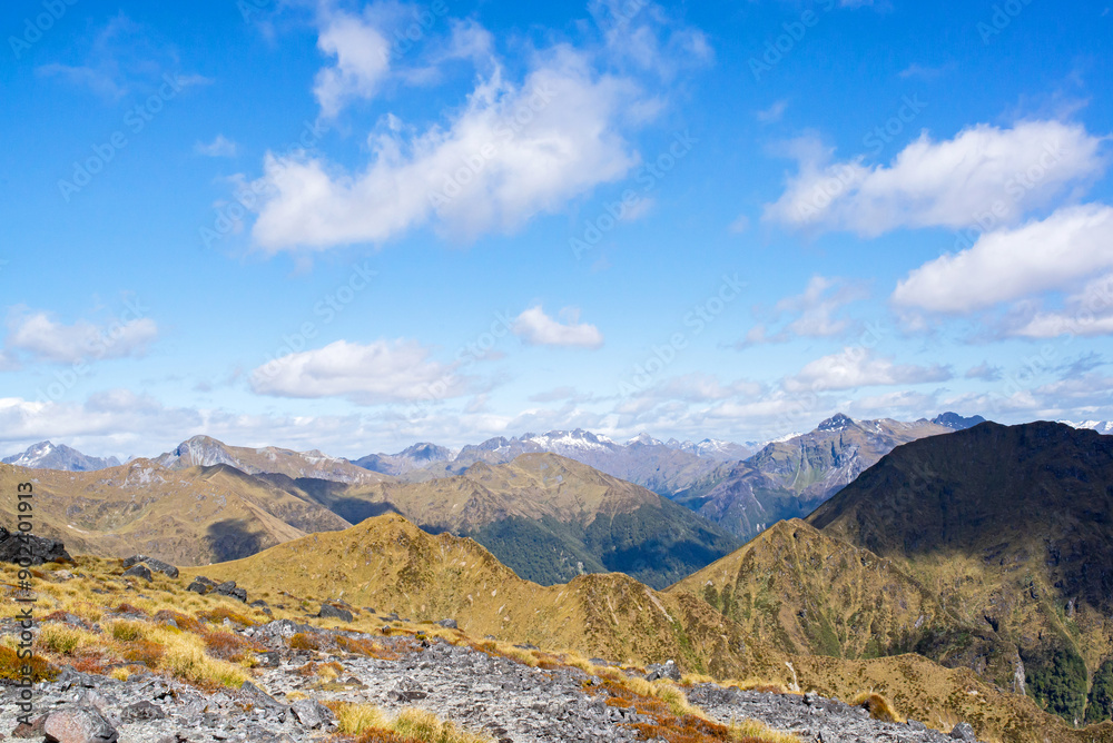 Panoramic view from the Kepler track with mountains and forest on a sunny day in New Zealand
Panoramic view from the Kepler track with mountains and forest on a sunny day in New Zealand