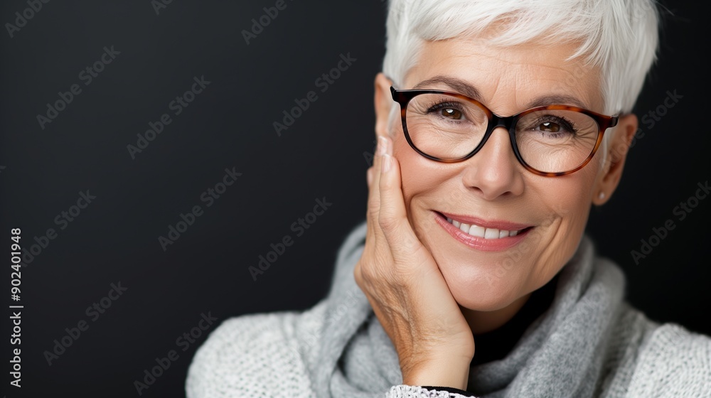 A woman with glasses is smiling and holding her hand to her face. She is wearing a gray scarf and a gray sweater A woman with glasses is smiling and holding her hand to her face. She is wearing a gray scarf and a gray sweater