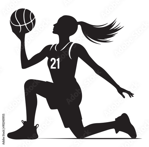 Silhouette of Basketball Player in Action Jumping with Ball
