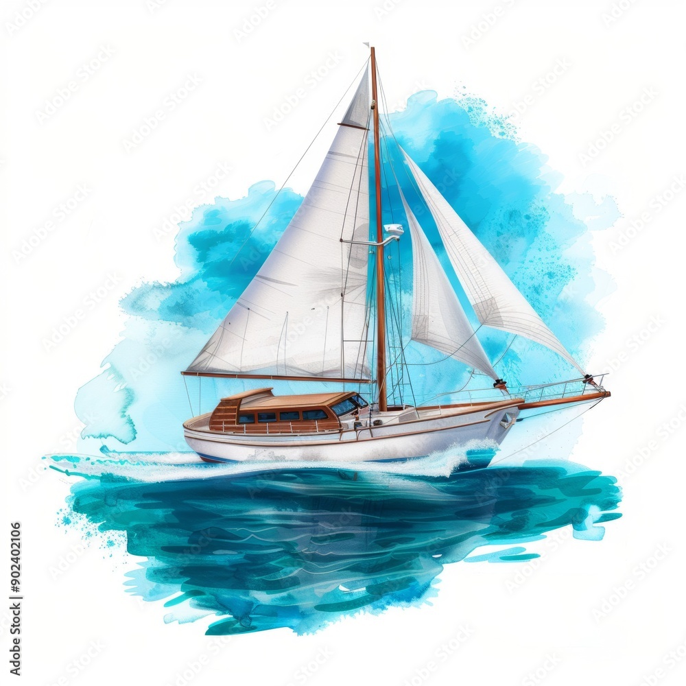 Fototapeta premium A sailboat with its sails fully unfurled, depicted in a watercolor style against a white background.