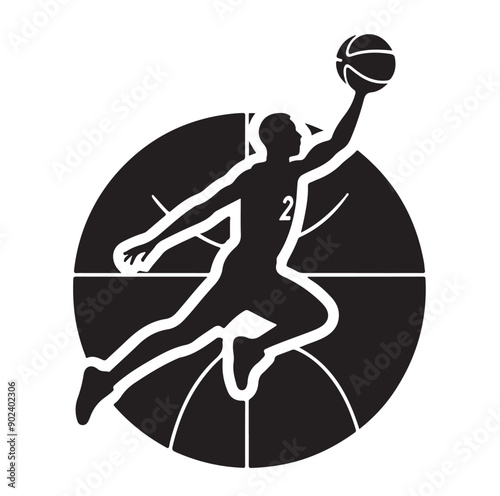 Silhouette of Basketball Player in Action Jumping with Ball
