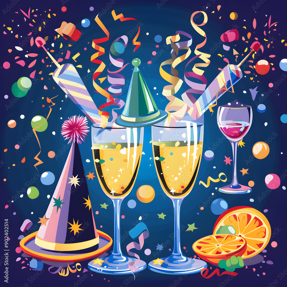 2D illustrated New Year card in a cute graphic style 2D illustrated New Year card in a cute graphic style