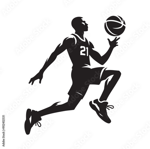 Silhouette of Basketball Player in Action Jumping with Ball
