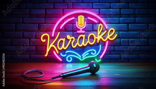 Colorful neon karaoke sign with a microphone on a wooden table in a vibrant setting.