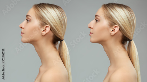 Woman Nose Job Before and After. Women Face Aesthetic Surgery. Girl Rhinoplasty Side view over Gray Background. Beauty Facial Dermal Filler Correction