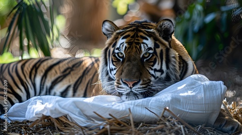 Tiger Holding White Flag: A fierce tiger lying down, gently holding a white flag with its mouth. 