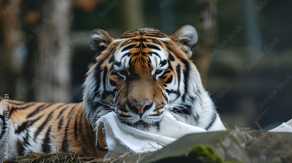 Fototapeta premium Tiger Holding White Flag: A fierce tiger lying down, gently holding a white flag with its mouth. 